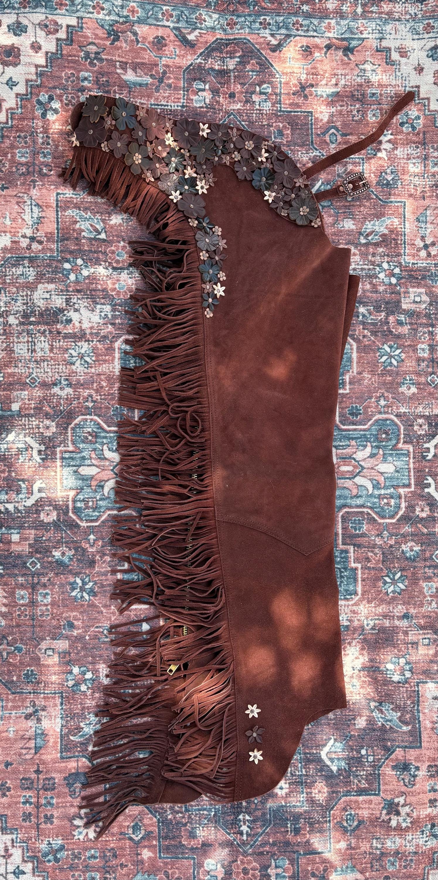 Western Chaps with Handcrafted Leather Flower & Crystal Accents - Chestnut