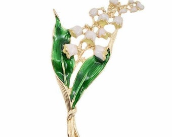 VINTAGE GOLD TONE ENAMEL LILY OF THE VALLEY FLOWER PIN BROOCH Y 