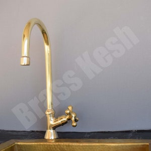 Unlacquered Brass Bathroom Faucet with a Single Handle Gooseneck Spout image 1