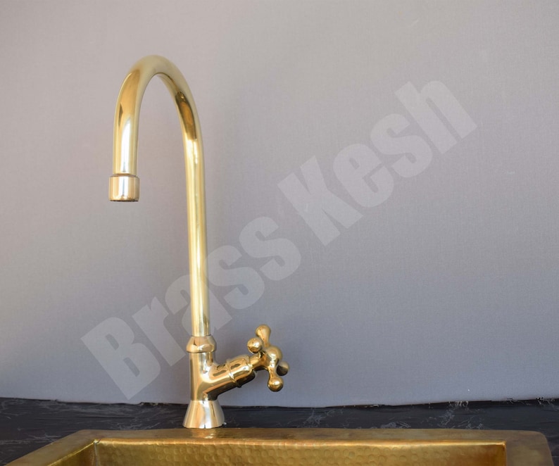 Unlacquered Brass Bathroom Faucet with a Single Handle Gooseneck Spout image 1