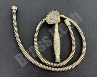 Handmade Brass Handheld Shower Head with Hose - Engraved Brass Showerhead