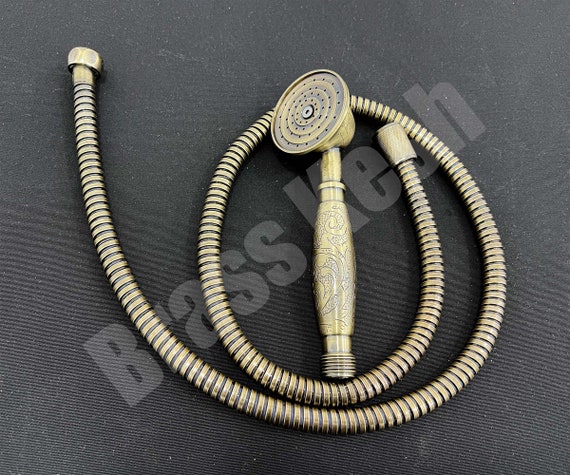 Handmade Brass Handheld Shower Head with Hose - Engraved Brass Showerhead