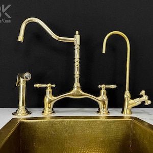Victorian Style Unlacquered Brass Bridge Faucet with Side Sprayer & Cold Water Faucet - Vintage Kitchen Fixture