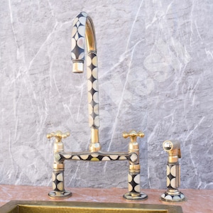 Unlacquered Brass Bridge Kitchen Faucet Studded with Bones and Resin with Side Sprayer