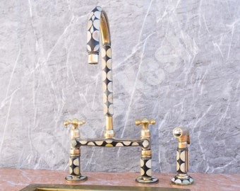 Unlacquered Brass Bridge Kitchen Faucet Studded with Bones and Resin with Side Sprayer