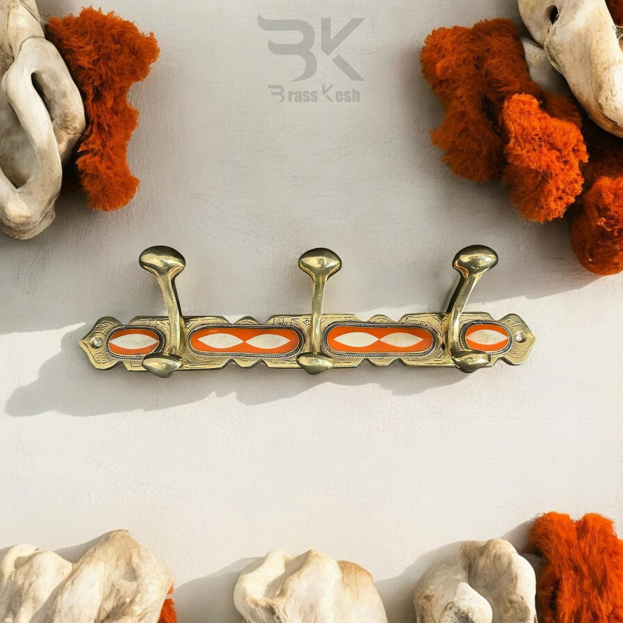 Handmade Brass Wall Hook with Orange Resin and Bone Accents - 6-Hook Organizer