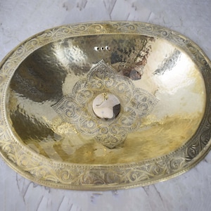Engraved Brass Bathroom Drop in Sink - Unlacquered Brass Oval Sink with Pop-up Drain