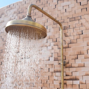 Brass Shower System with a Warm Bronze Finish - Outdoor Shower System with Wall Shelf