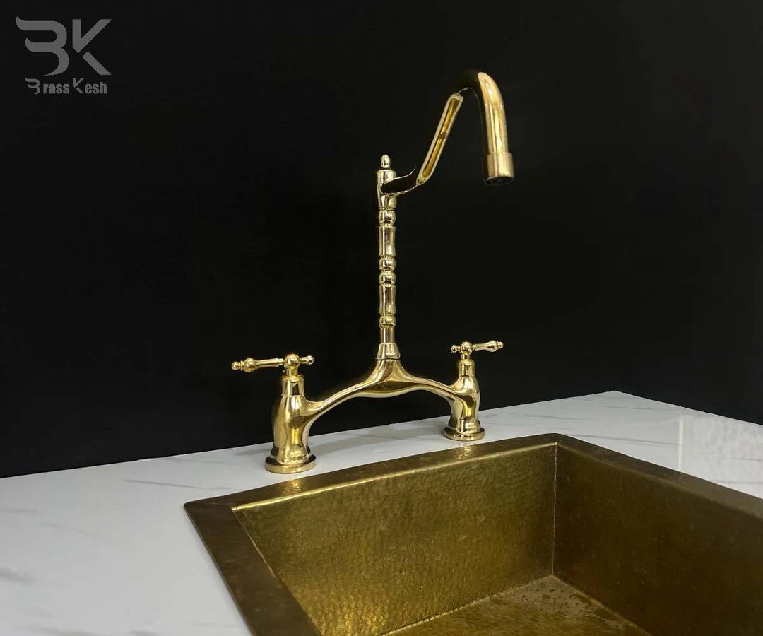 Handmade Victorian Style Bridge Faucet, Unlacquered Brass Kitchen ...