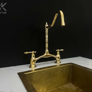 Handmade Victorian Style Bridge Faucet, Unlacquered Brass Kitchen Faucet