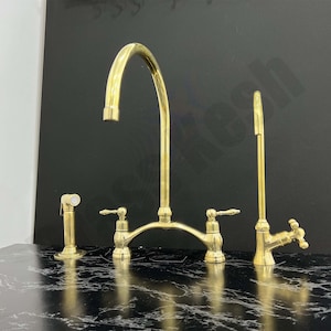 Unlacquered Brass Bridge Faucet with Side Sprayer and Cold Water Faucet - Victorian Style 8" Faucet