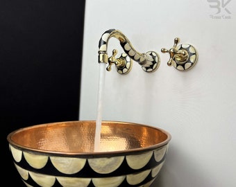 Unlacquered Brass Wall Faucet - Wall Mounted Faucet Studded with Bone and Resin - Bathroom Faucet