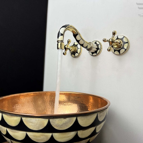 Unlacquered Brass Wall Faucet - Wall Mounted Faucet Studded with Bone and Resin - Bathroom Faucet