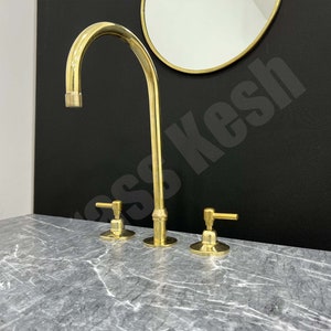 Solid Brass Handmade Bathroom Faucet - 3 Hole Long Gooseneck Faucet