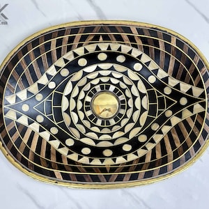 Eye Shape Brass Drop-in Sink Studded with Resin, Bone, Wood, and Resin + Free Pop-up Drain