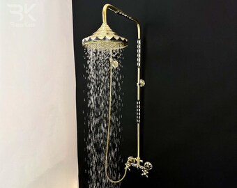 Handmade Unlacquered Brass Shower System with Bone and Resin Inlays – Indoor/Outdoor Showerhead and Handheld Wand