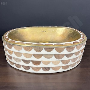 Hammered Brass Vessel Sink Studded with White Resin and Wood - Unlacquered Brass Sink