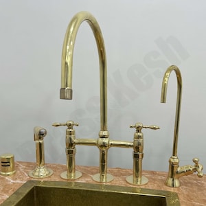 Unlacquered Brass 3 Legs Bridge Kitchen Faucet with Side Sprayer and Cold Water Faucet - Air Gap Cover Gift