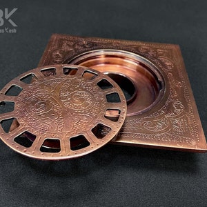 Engraved Brass Shower Drain with Copper Finish – Handmade Moroccan Floor Drain