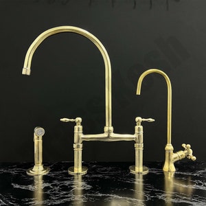 Unlacquered Brass Bridge Faucet with Side Sprayer and Cold Water Faucet - 8" Brass Bridge Kitchen Faucet