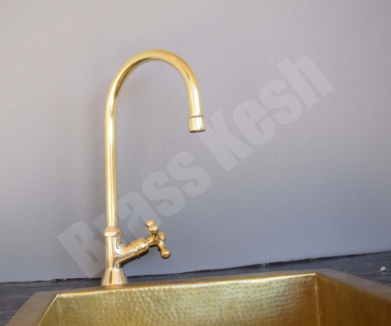 Unlacquered Brass Bathroom Faucet with a Single Handle Gooseneck Spout image 4