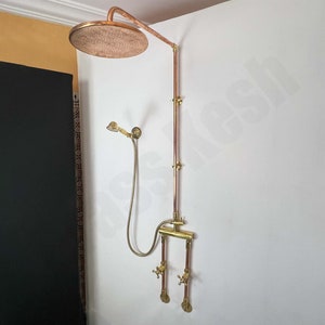 Copper and Brass Shower System - Round Flat Rain Shower with Handheld Sprayer