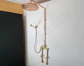 Copper and Brass Shower System - Round Flat Rain Shower with Handheld Sprayer