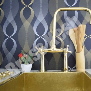 Unlacquered Brass Square kitchen Bridge Faucet with Curved Legs + 2 Handles Gift