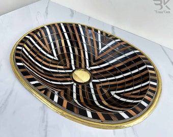 Handmade Brass Drop-in Sink Studded with Wood and Resin, Brass Basin Adorned with Black and White Resin + Pop-up Drain