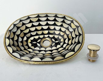 Brass Bathroom Sink Studded with Resin and Bones - Drop-in Sink with Popup Drain