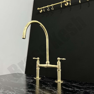 Brass Kitchen Bridge Faucet with Straight Legs and Unlacquered Brass Finish