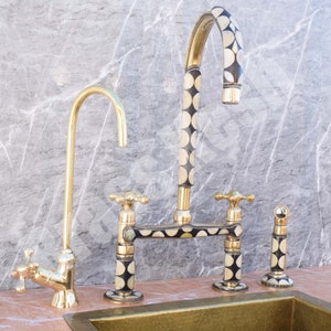 Unlacquered Brass Bridge Kitchen Faucet Studded with Bones and Resin with Side Sprayer and Cold Water Faucet