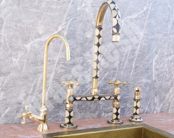 Unlacquered Brass Bridge Kitchen Faucet Studded with Bones and Resin with Side Sprayer and Cold Water Faucet
