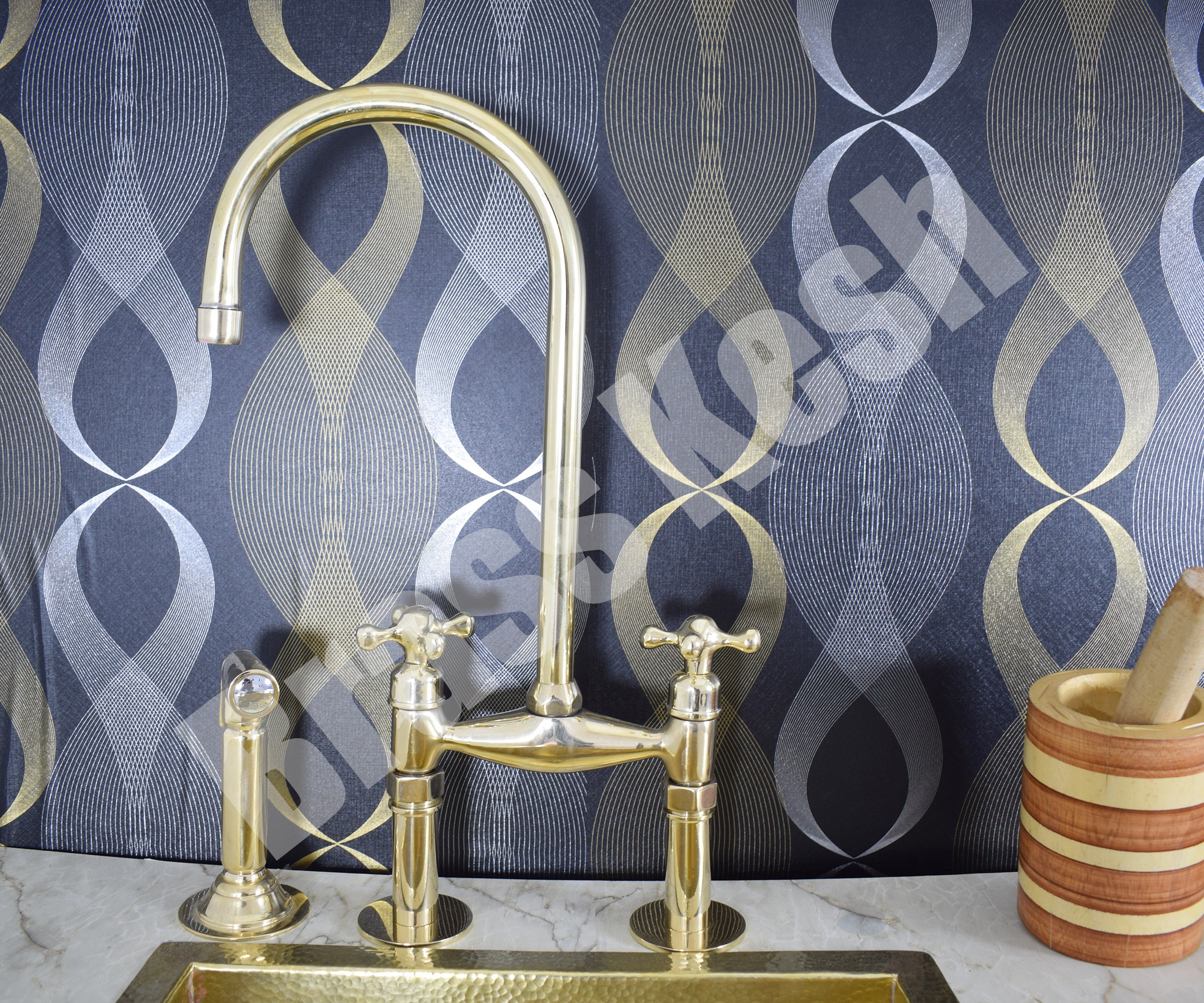 Brass bridge Faucet With side Sprayer, Brass Kitchen Faucet With Brass Sprayer, Straight Legs and Brass Handles