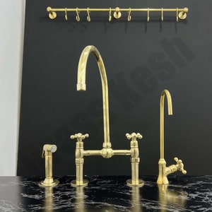 Unlacquered Brass Bridge Faucet with Side Sprayer and Cold Water Filter - 8" Ball Shaped Center Bridge Faucet