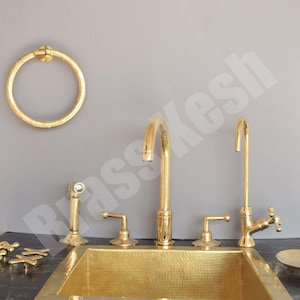 Unlacquered Brass Widespread Bathroom Faucet with Side Sprayer and Cold Water Faucet + Soap Dish Gift