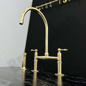 Unlacquered Brass Bridge Faucet with Side Sprayer - Brass Kitchen Faucet