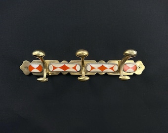 Handmade Moroccan Brass Hook Rack – 6 Hooks with Bone & Orange Resin Inlay – Unlacquered Patina Finish – Functional Wall Art