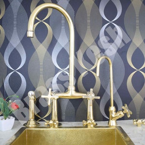 Unlacquered Brass Curved Legs Kitchen Bridge Faucet with Sprayer and Water Filter Faucet