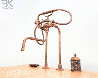 Hammered Copper Freestanding Tub Filler with Phone Shaped Wand - Brass Standalone Bathtub Filler in Copper Finish