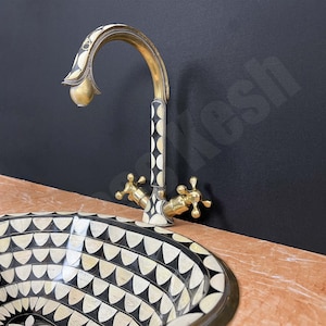 Unlacquered Brass Faucet Studded With Bone and Black Resin - Brass Single Hole Bathroom Faucet