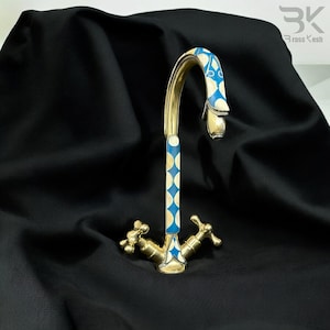 Brass mixer faucet with gooseneck spout – studded with blue resin and bone