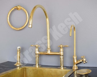 Unlacquered Brass Bridge Kitchen Faucet with Sprayer and Water Filter Faucet + Soap Dish gift