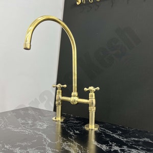Unlacquered Brass Bridge Faucet - Ball Shaped Center Bridge - 8" Bridge Kitchen Faucet