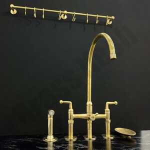 Unlacquered Brass Bridge Faucet with Side Sprayer - Bridge Faucet with Diverter