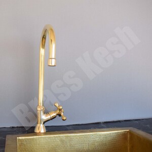 Unlacquered Brass Bathroom Faucet with a Single Handle Gooseneck Spout image 2