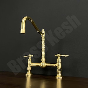 Unlacquered Brass Victorian Style Bridge Faucet - Brass Kitchen Faucet