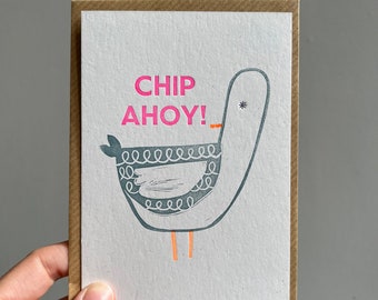 CHIP AHOY! Letterpressed Lino-cut postcard on recycled card with Kraft envelope, greeting postcard