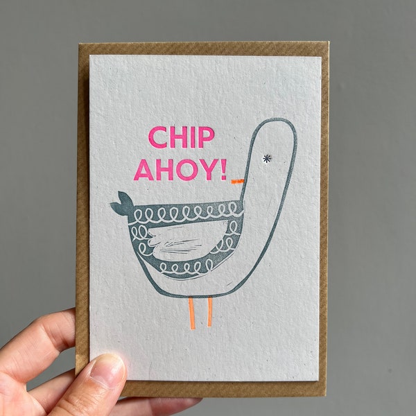 CHIP AHOY! Letterpressed Lino-cut postcard on recycled card with Kraft envelope, greeting postcard