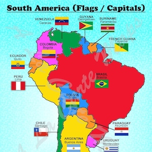 Carte numérique de tous les pays d'Amérique du Sud avec leurs drapeaux et leurs capitales